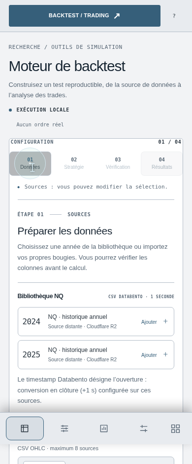 Capture mobile de NEXOR : étape Sources du backtest, sans performance simulée