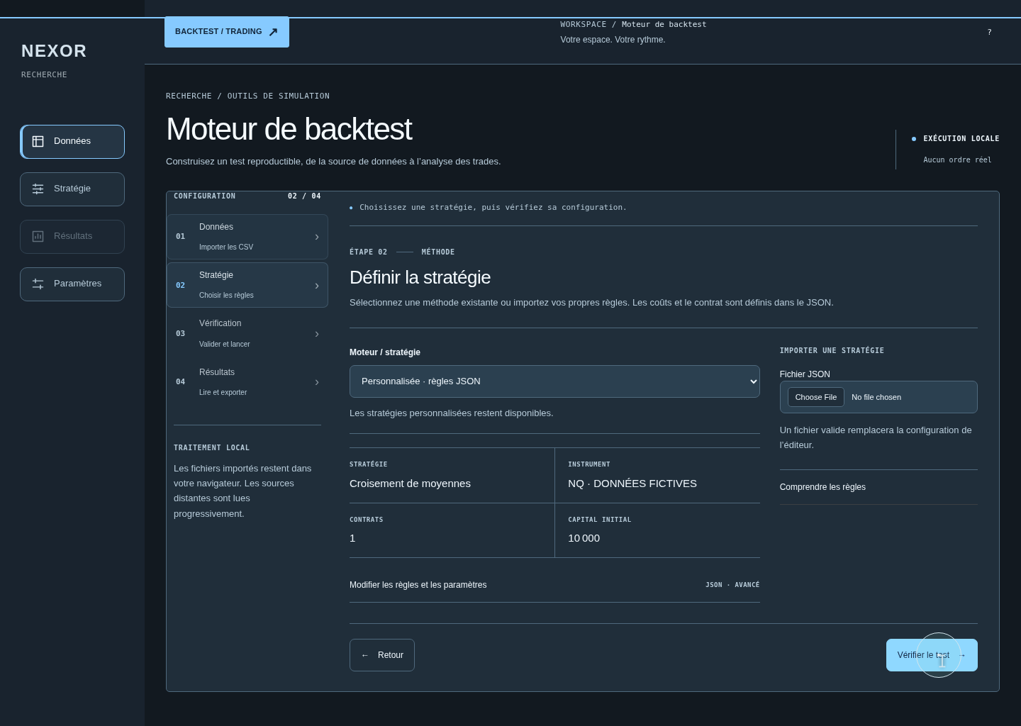 Capture du moteur NEXOR : choix d'une stratégie, réglages et paramètres de simulation